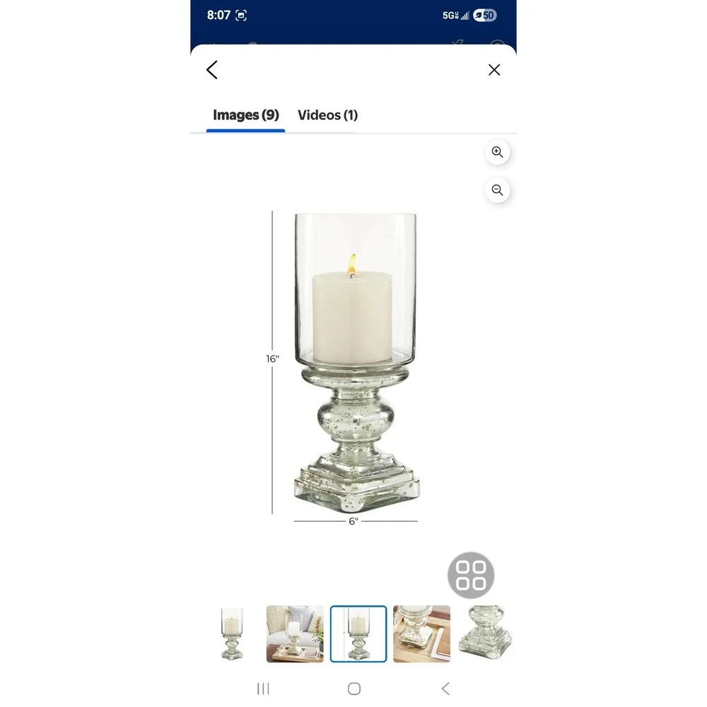 DecMode Silver Glass Handmade Turned Style Pillar Hurricane Lamp with Faux Mercu